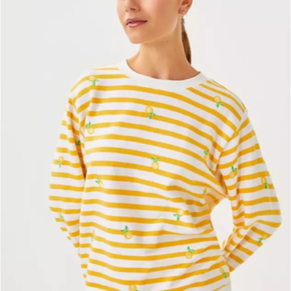 Lilly Pulitzer, NWT Yellow White Striped Ballard Sweatshirt Lemon Embroidery sm